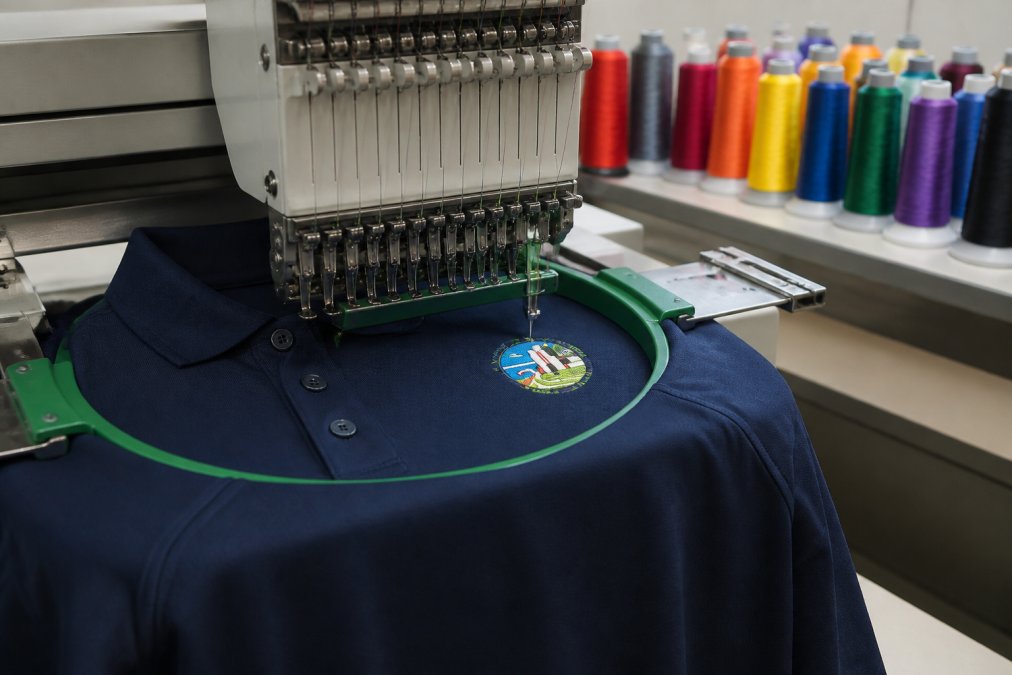 Close-up of an industrial embroidery machine stitching a government agency seal onto the left chest of a navy polo shirt, with colorful thread spools arranged in the background under bright workshop lighting