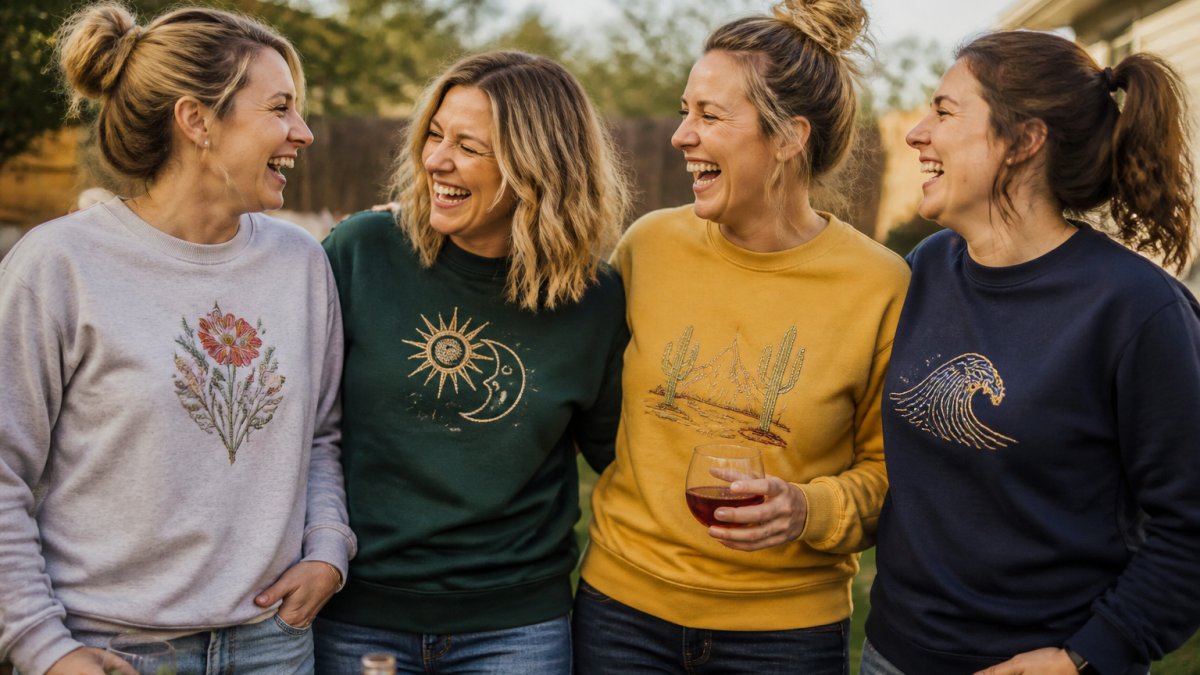 A group of four women in their thirties laughing together at a backyard gathering, each wearing a different custom embroidered sweatshirt with unique designs, warm afternoon light, candid moment