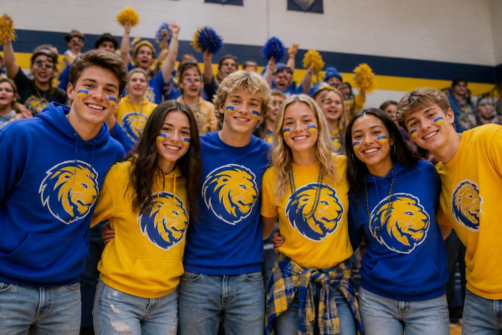 Group of students wearing custom school spirit t-shirts and hoodies in school colors with mascot logos at a pep rally, gathered together in school gymnasium with banners and enthusiasm visible