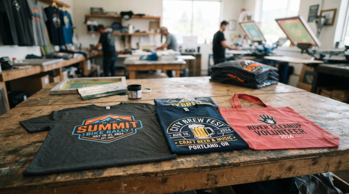 Professional custom apparel items displayed on wooden table showing vibrant screen-printed designs with crisp color detail and quality finish in natural studio lighting