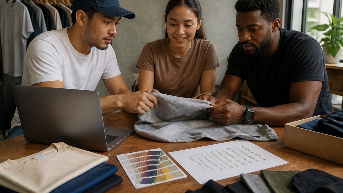 A small team gathered around a table with a laptop, fabric swatches, and a printed size chart, comparing garment samples before placing an order, warm indoor lighting