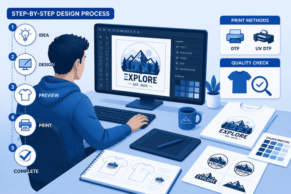 Designer working at a computer with design software open, tablet with stylus nearby, and printed design samples on the desk showing colour swatches and layout sketches