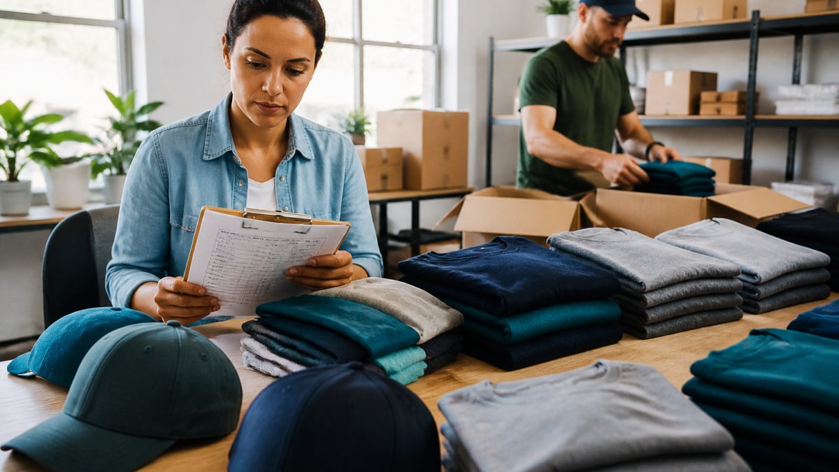 An event organizer at a table covered with folded custom T-shirts and hats in matching colors, checking a printed checklist on a clipboard while a colleague sorts sizes into boxes in a bright workroom