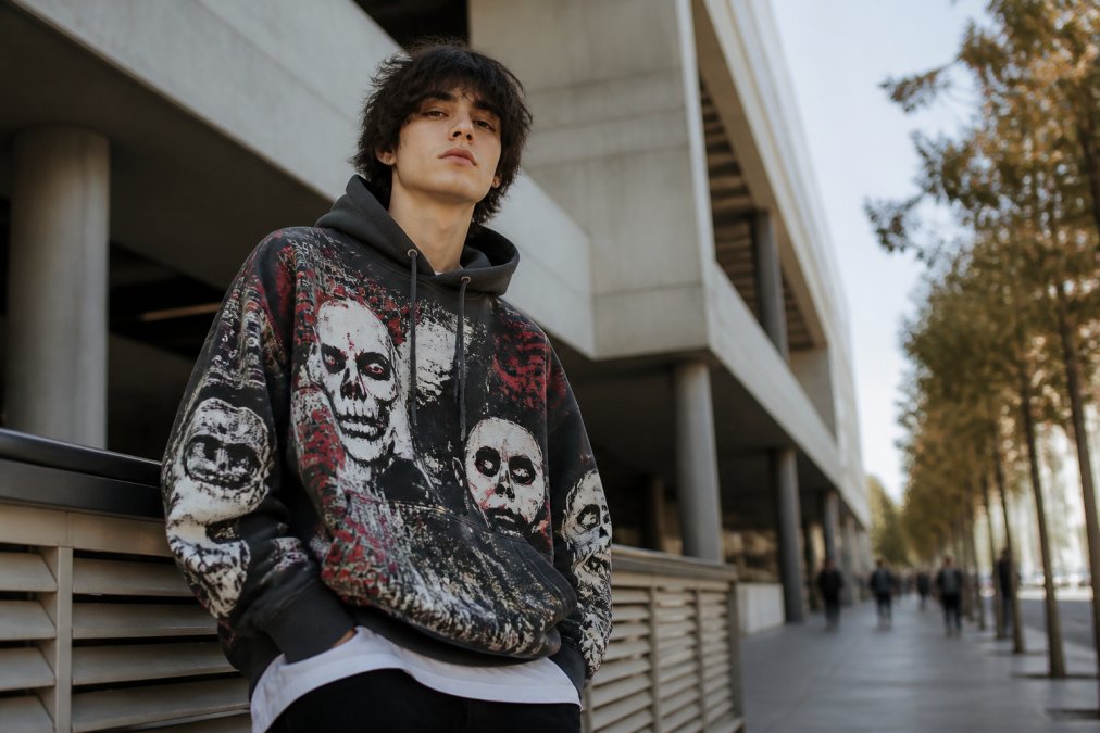 Young person wearing an oversized graphic hoodie with layered retro prints and chaotic design elements, styled in streetwear aesthetic with natural outdoor lighting