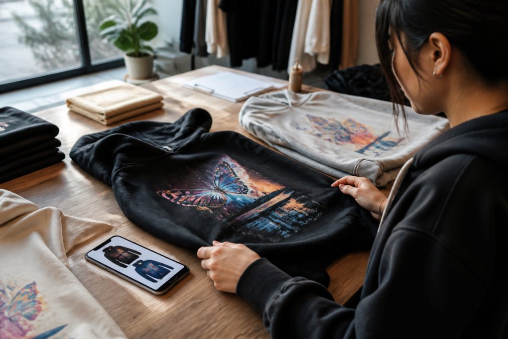 Young designer or small business owner reviewing custom hoodie samples on a wooden table, examining print quality and color detail with a smartphone displaying design mockups nearby, natural window lighting