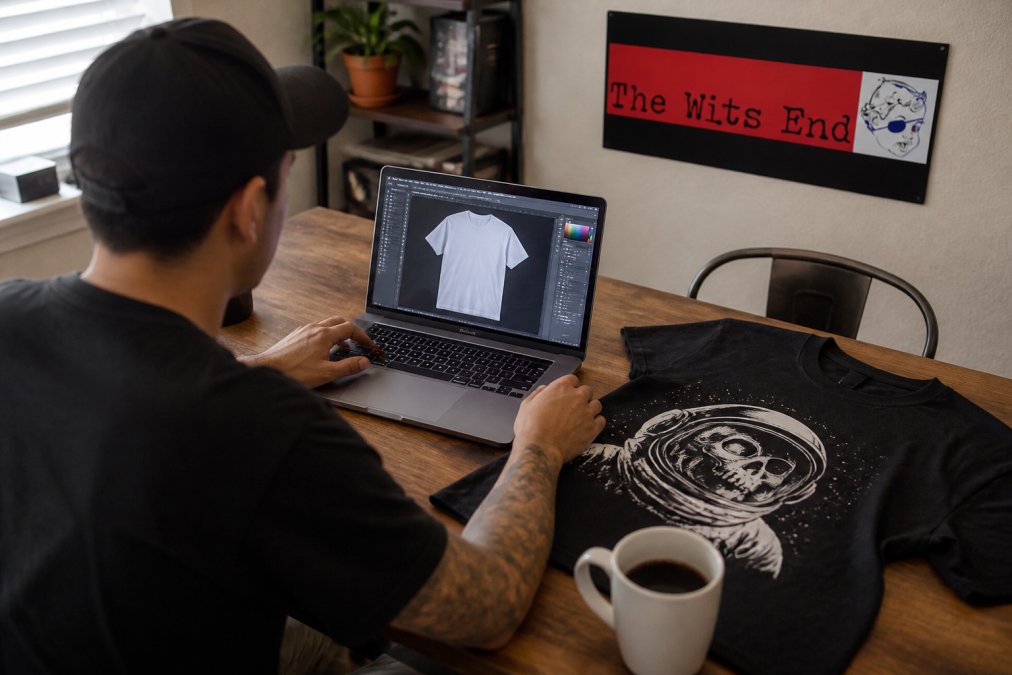 Person using a laptop to create custom apparel printing designs next to a finished t-shirt and coffee mug