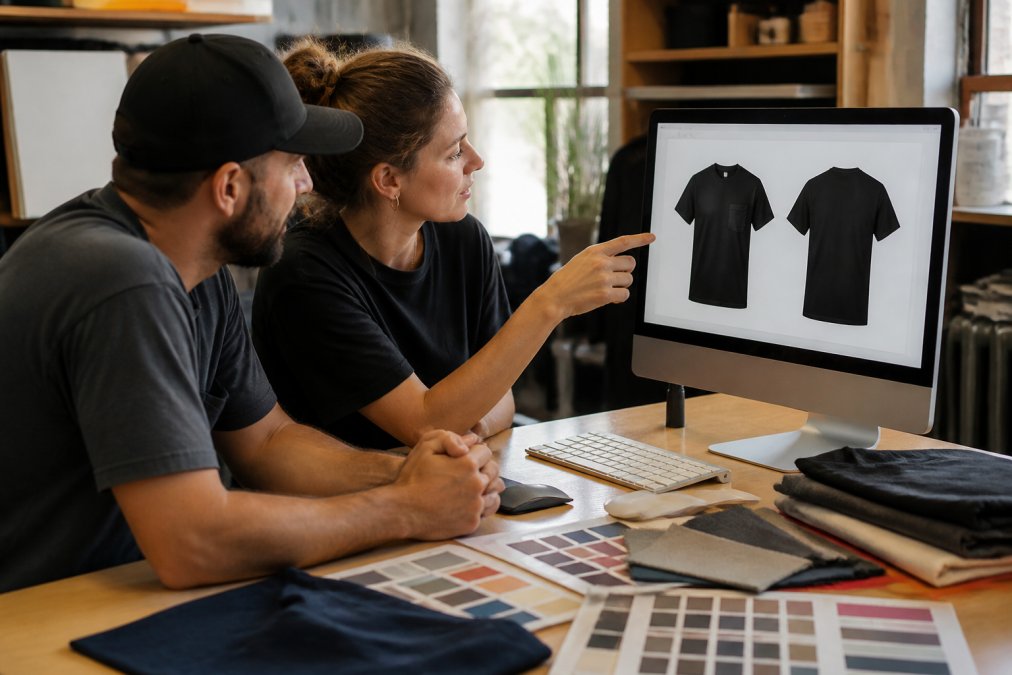 A small business owner and a graphic designer reviewing a printed t-shirt mockup on a computer screen in a bright studio, with fabric swatches and color samples on the desk