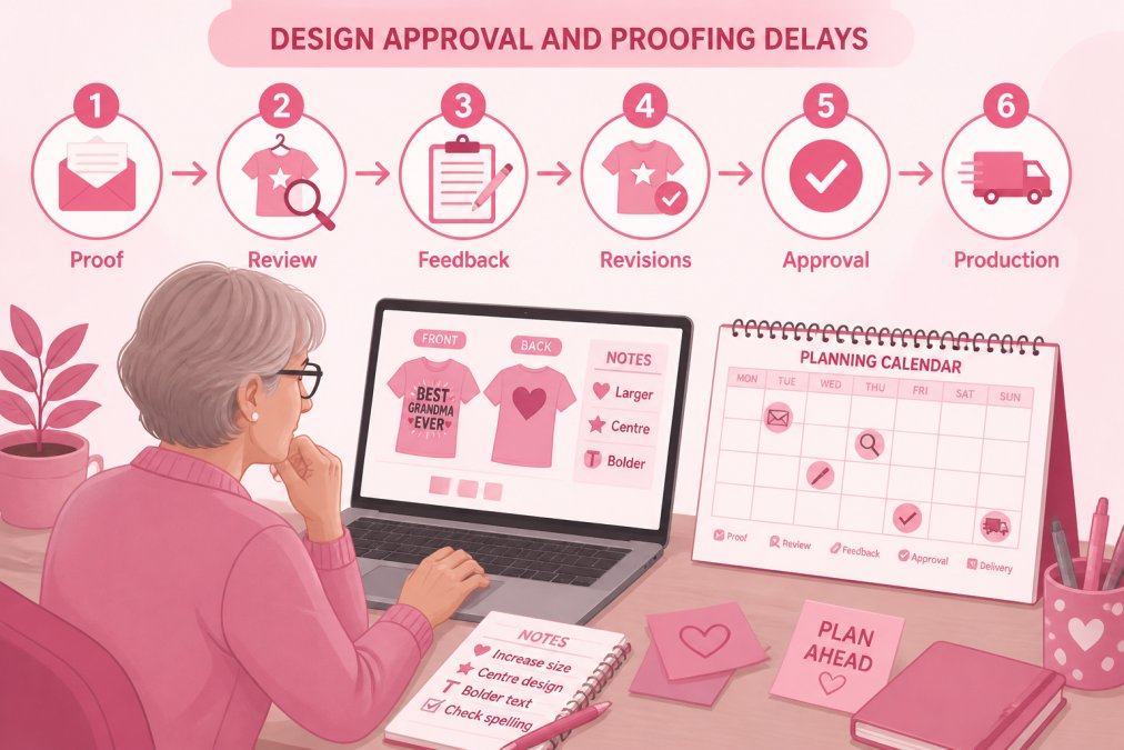 Parent or grandparent carefully reviewing a custom t-shirt design proof on a laptop, with notes and a calendar visible nearby, showing the planning and approval process