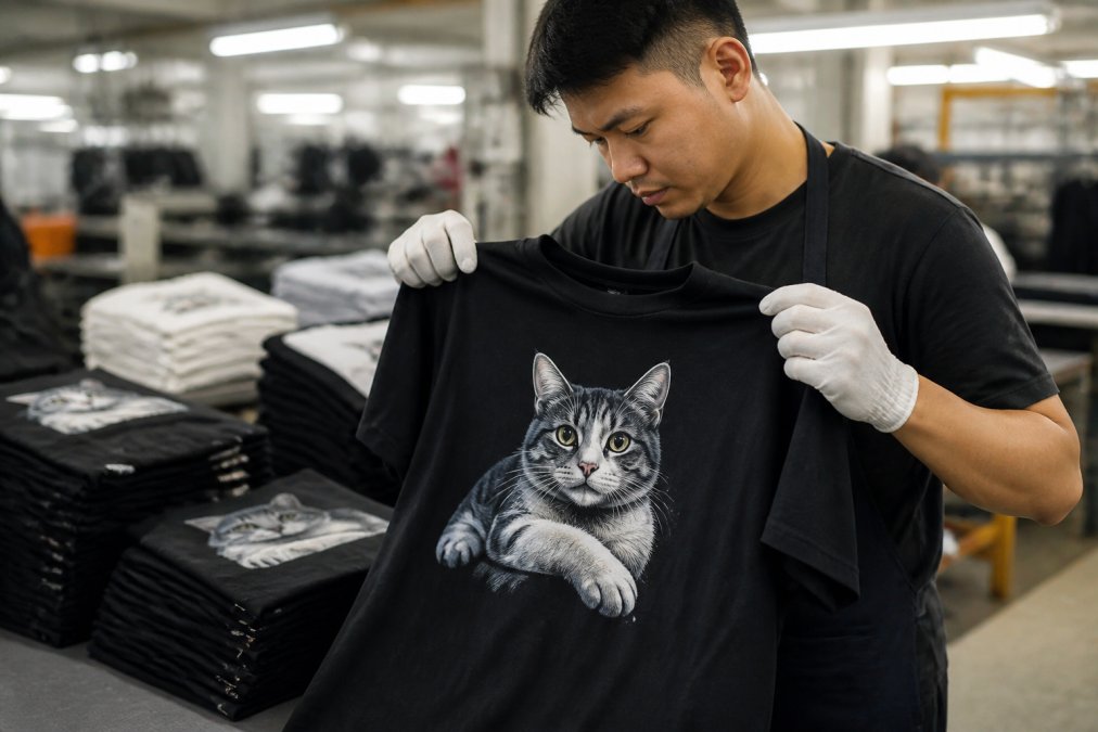 Close-up of a worker examining a freshly printed custom graphic t-shirt in a production facility, with folded finished apparel visible in the background and bright overhead lighting