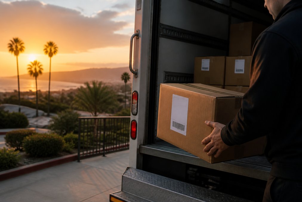 A shipping package with tracking label being placed into a delivery truck with California landscape and sunset in the background