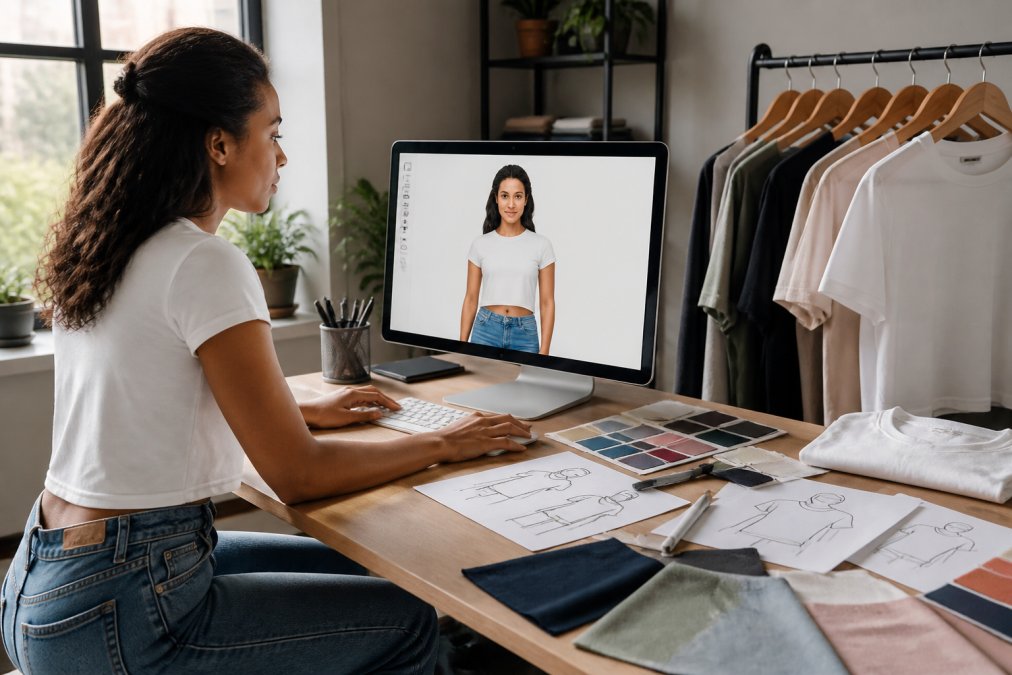 Designer reviewing a custom apparel mockup on a computer screen in a creative workspace, with fabric swatches and design sketches visible on the desk, natural window lighting illuminating the workspace