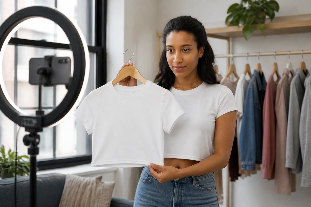 Content creator photographing custom-designed apparel for social media, showing the product quality and design details in natural lighting, with a ring light and smartphone tripod visible in the background