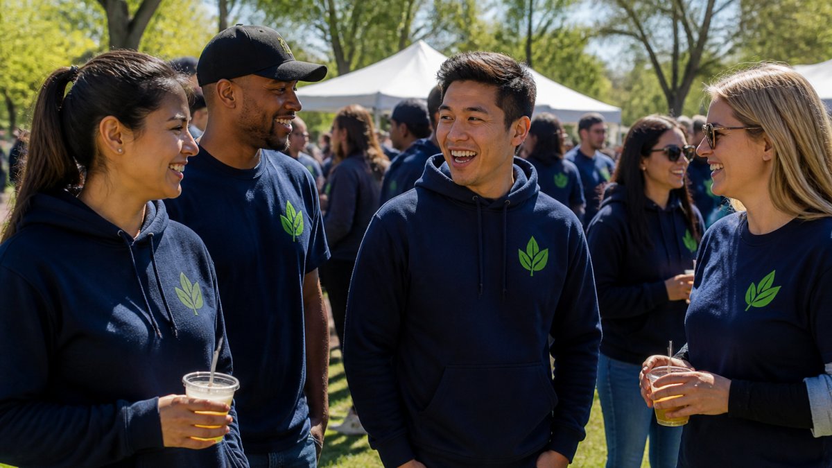 Diverse team of employees wearing custom branded hoodies and t-shirts at an outdoor company event, smiling and engaged, showing comfortable fit and modern design in natural daylight