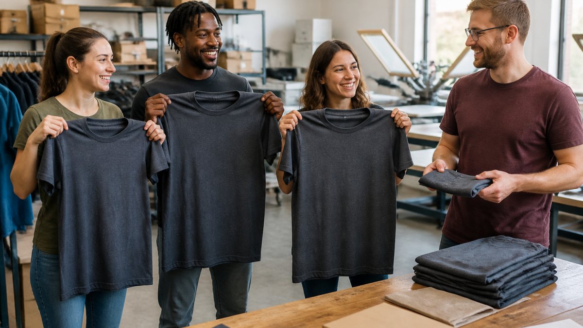 A small group of coworkers in a bright workshop holding up matching custom t-shirts with a printed logo, one person holding a single folded shirt