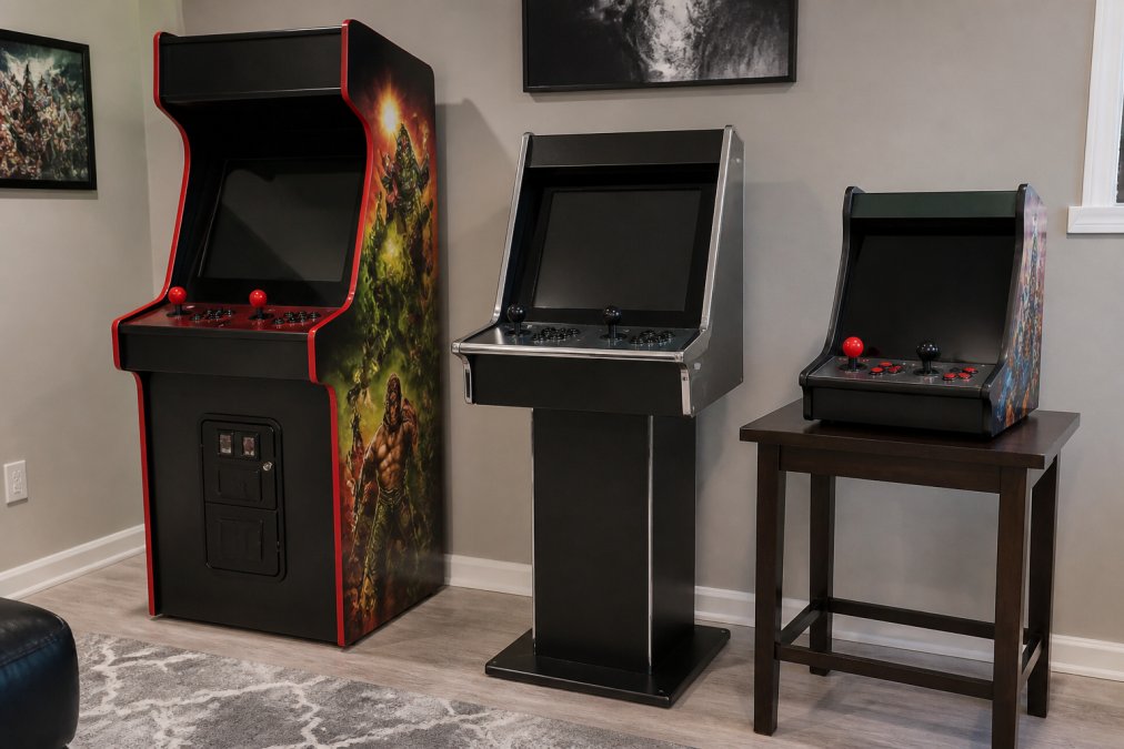 Comparison chart of full-size, pedestal, and bartop custom arcade cabinet styles for home game rooms.