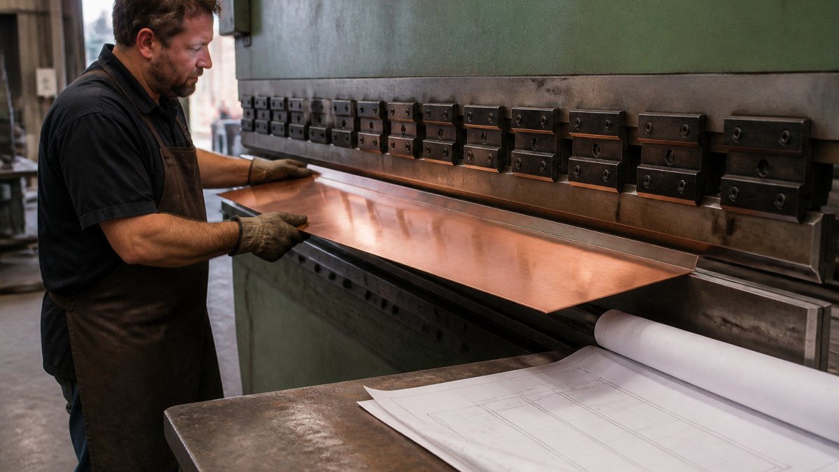 Technician forming a copper architectural sheet metal panel on a brake press with shop drawings nearby