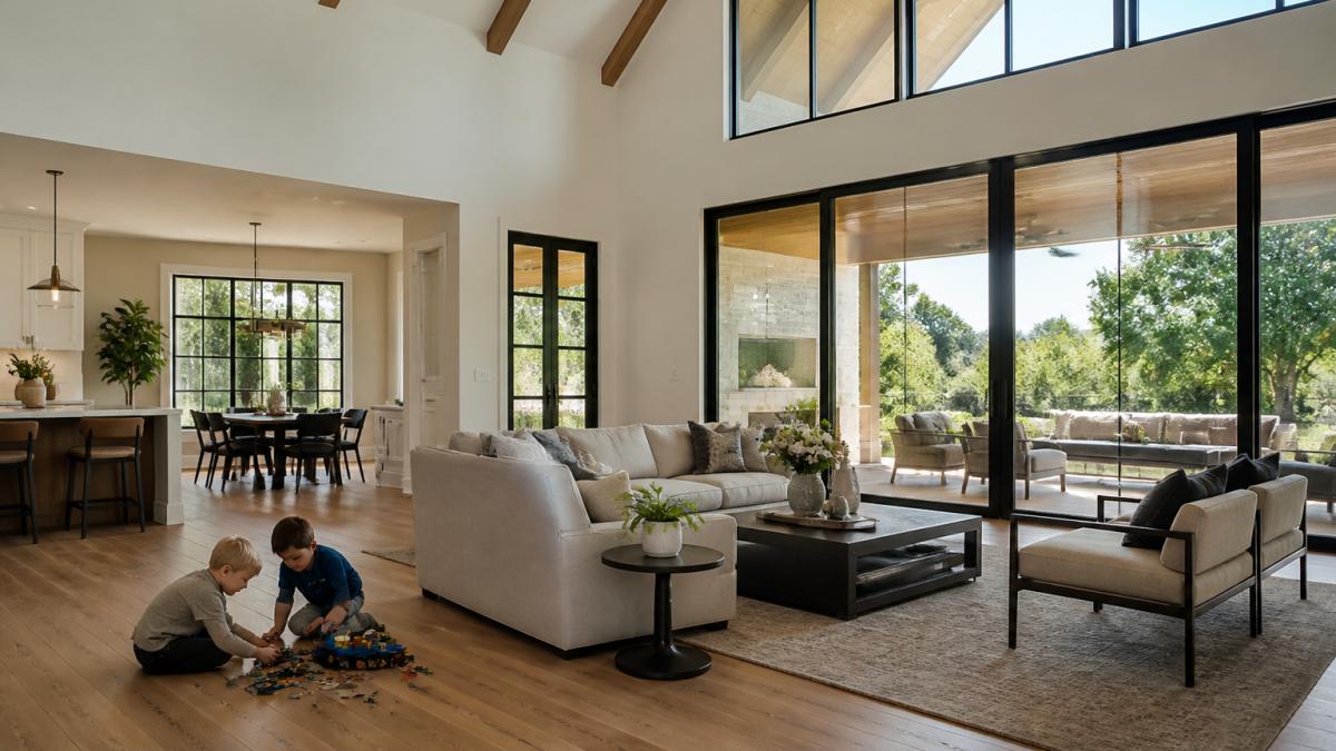 Bright, open-plan family living space with soaring high ceilings, expansive windows flooding the room with natural light, comfortable seating arranged for conversation, and children playing freely on warm natural wood floors with a view to an outdoor patio