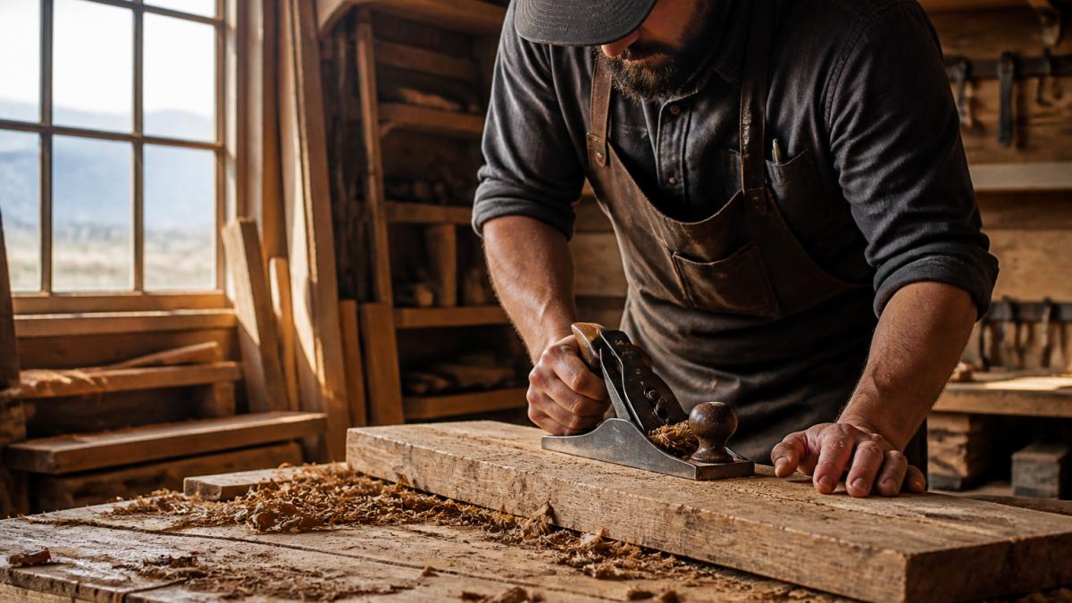 Woodworker's hands carefully planing reclaimed barn wood in a workshop with natural light streaming through large windows, wood shavings visible on the work surface