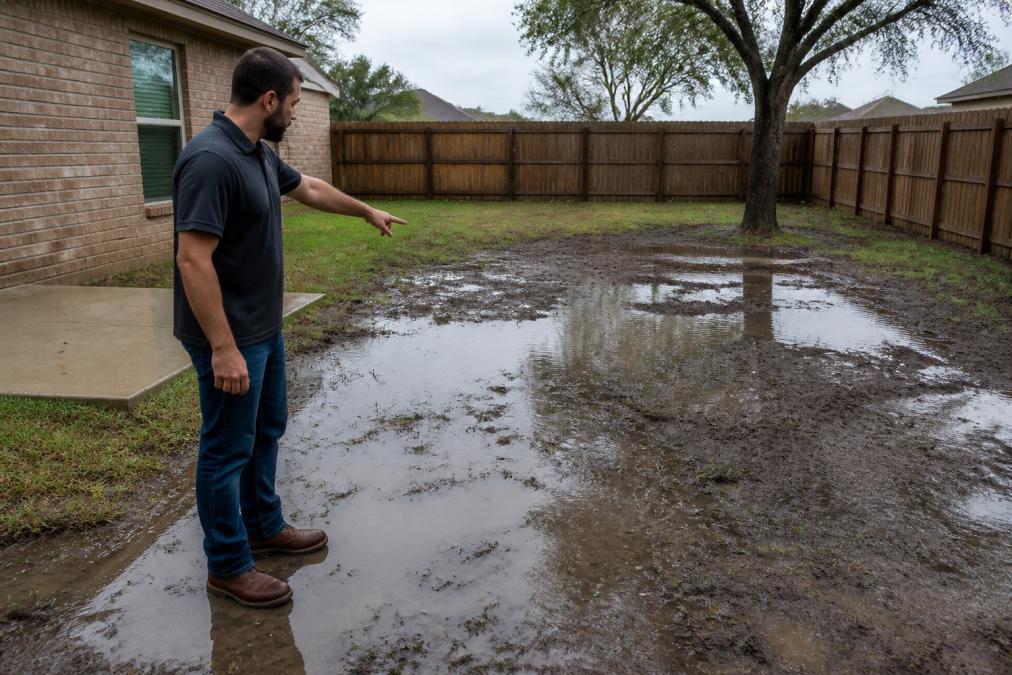 Homeowner standing in a wet backyard with visible standing water and muddy soil, pointing to problem areas while examining the yard's topography and drainage patterns