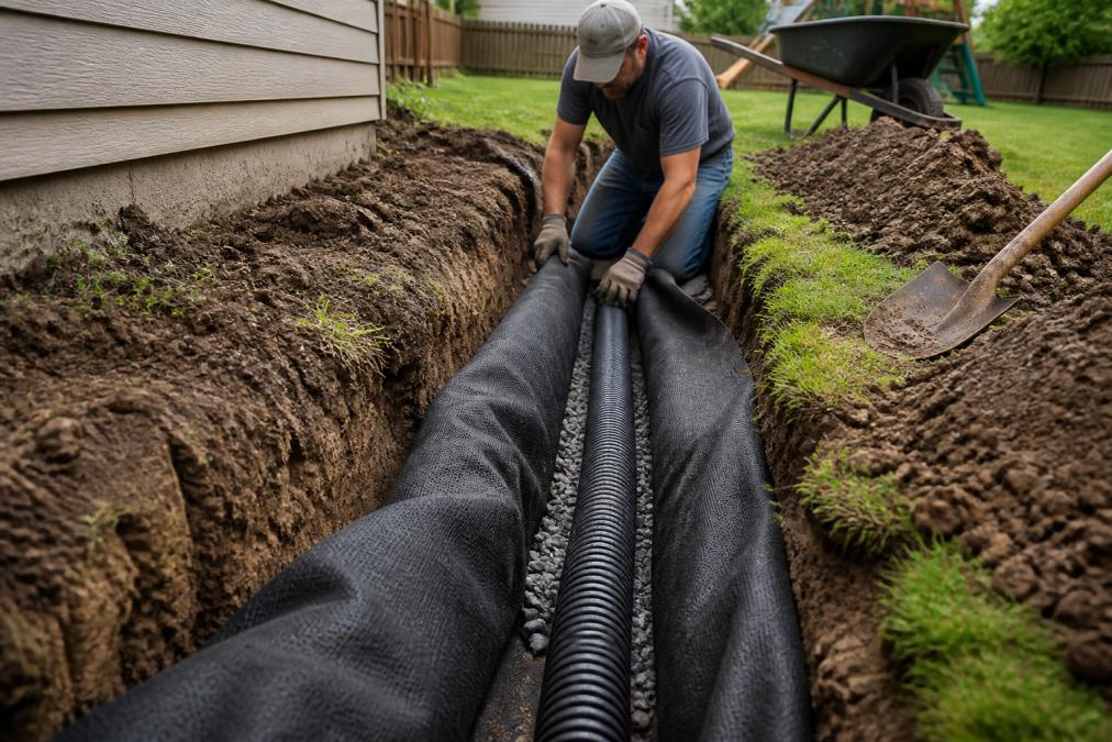 Professional contractor installing a French drain system, showing active trenching work with perforated pipe and geotextile fabric placement visible in a residential backyard