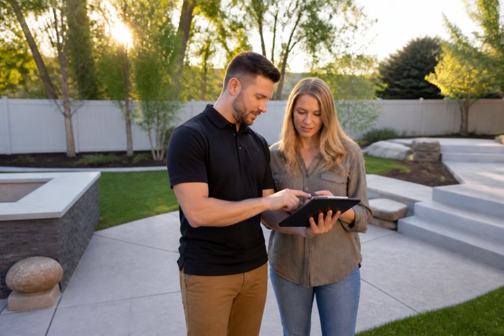 Professional landscape designer and homeowner reviewing custom backyard design plans on tablet while standing in the actual yard, with mature trees and existing hardscape visible in background during golden hour lighting