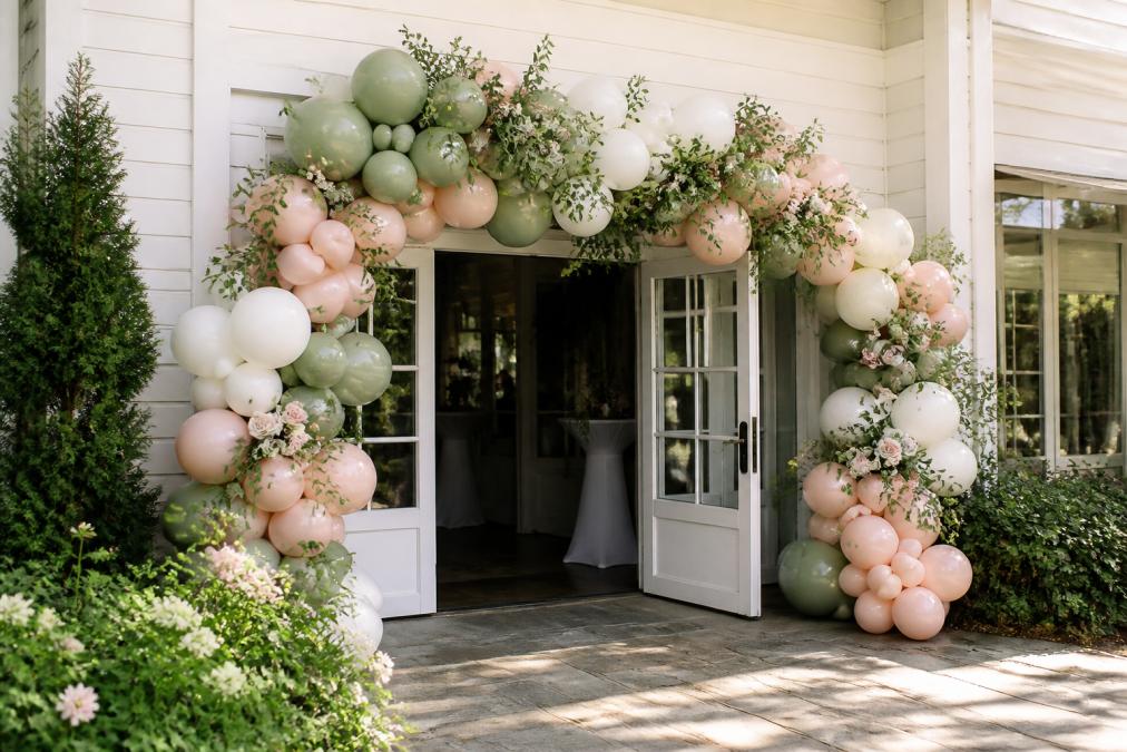 Professionally installed custom balloon arch with organic garland styling featuring soft blush, sage, and ivory latex balloons draped elegantly across a wedding venue entrance, with natural outdoor lighting