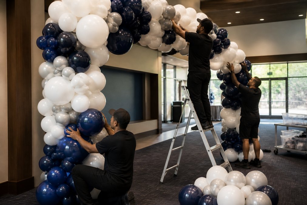Event professionals in branded attire securing a large custom balloon arch structure at a corporate venue, with handcrafted balloon arrangements being positioned and fully assembled columns anchored to the floor, natural venue lighting