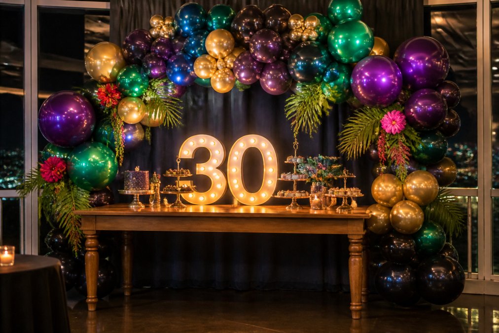 A vibrant organic balloon garland backdrop in jewel tones framing a dessert table with a glowing '30' marquee number at an elegant evening birthday party