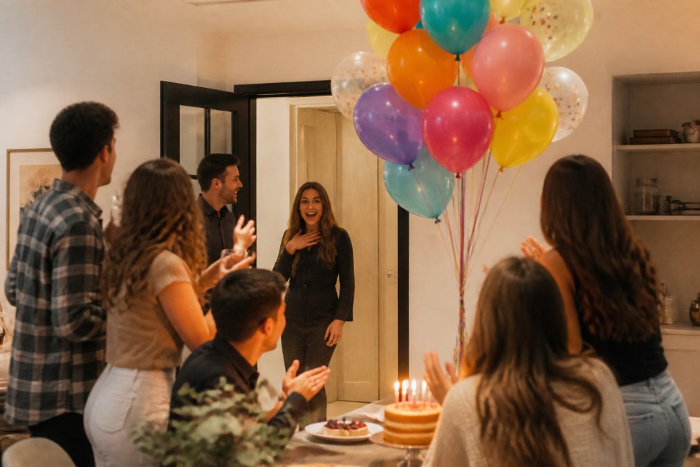 A festive living room surprise party setup with a large helium-filled balloon bouquet in bright colors tied with ribbons, guests gathered around a decorated table with a birthday cake under warm ambient lighting