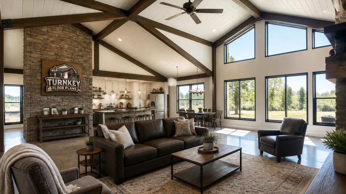 Interior view of a completed metal-frame barndominium showing open living area with exposed beam construction, residential finishes, and natural light streaming through large windows