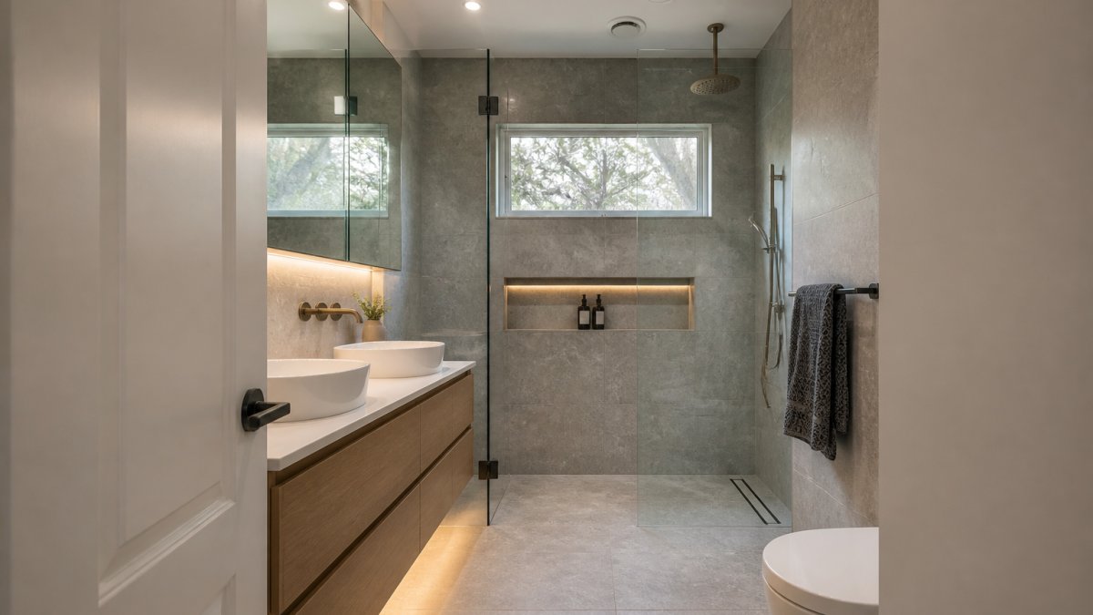 A newly completed custom bathroom with floor-to-ceiling tiling, a walk-in shower with frameless glass, a floating vanity and warm downlighting, photographed from the doorway
