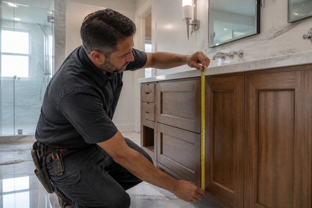 A professional builder in a work shirt measuring the height of a custom vanity from the finished floor to the countertop with a tape measure in a bright, high-end bathroom under renovation