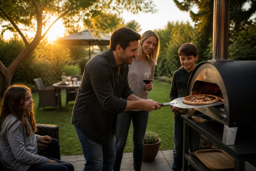 Family gathered around a portable wood-fired pizza oven in a backyard setting during golden hour, with one person pulling a freshly cooked pizza from the oven while others watch, green lawn and outdoor furniture visible in soft evening light