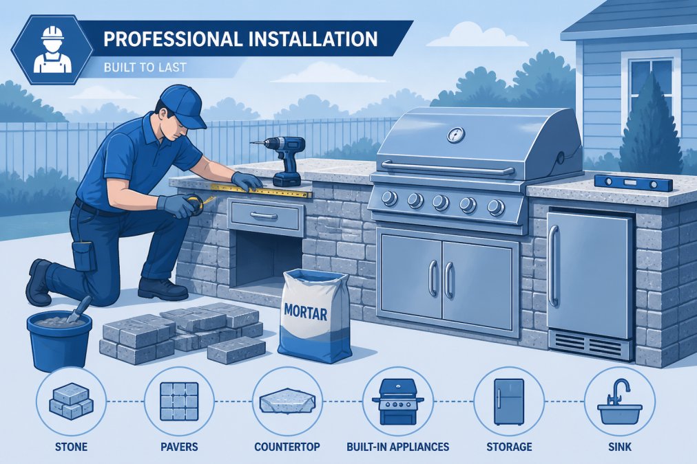 Professional installer with measuring tools and power drill working on custom outdoor kitchen with built-in appliances and stone countertops, showing hardscape materials and construction in progress during daylight
