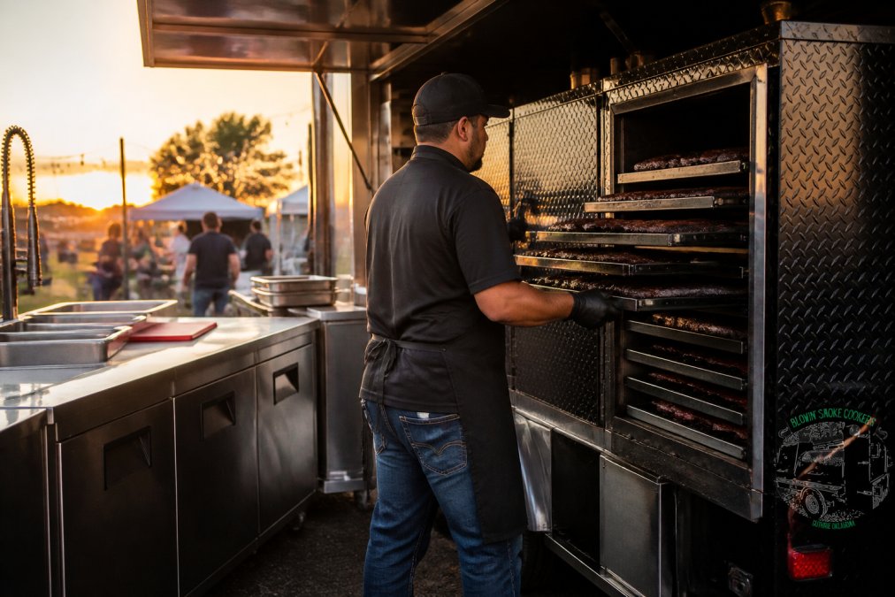 Pitmaster opening smoker racks on a functional bbq trailer design at an outdoor golden hour catering event