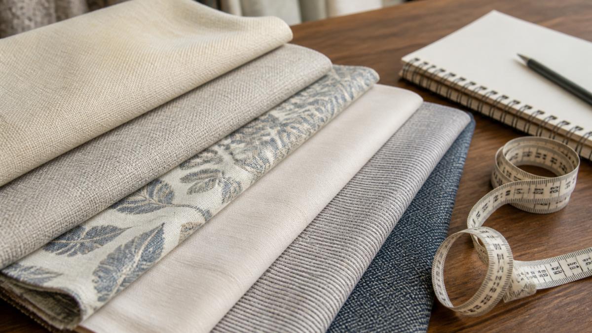 Close-up of several folded fabric swatches in neutral and patterned tones fanned out on a wooden table beside a measuring tape and notebook