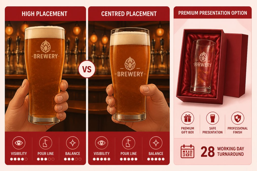 Close-up of hands holding two branded beer glasses side by side at a bar, one showing a logo positioned high on the glass and one centred, with warm taproom lighting behind