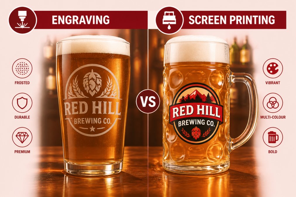 Close-up of a laser-engraved pint glass and a screen-printed beer stein side by side on a polished wooden bar top, warm ambient lighting highlighting the crisp logo detail and frosted texture of the engraved glass against the vivid colour of the printed design