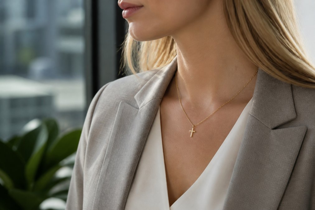 Woman wearing a delicate gold cross pendant necklace against her collarbone in natural daylight, dressed in professional business attire, demonstrating how discreet and elegant the jewelry appears in a formal corporate setting