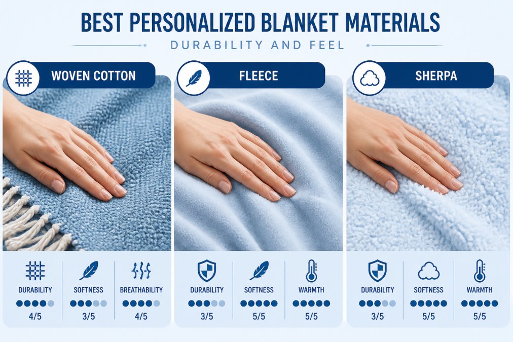 Close-up of hands touching different blanket textures, fingers running across woven cotton, soft fleece surface, and sherpa material side by side, showing the tactile differences between fibers in natural daylight