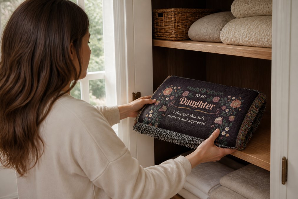 Person carefully folding a custom woven cotton blanket with detailed pattern, placing it into a cedar-lined linen closet shelf, demonstrating proper preservation technique with soft natural window lighting
