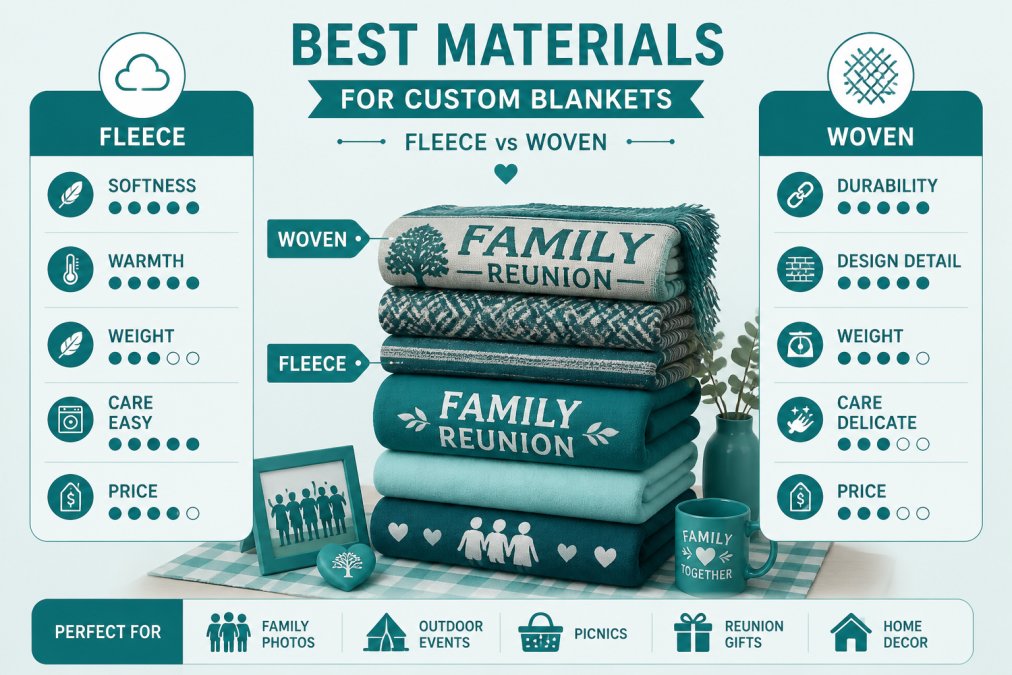 Stack of folded custom woven and fleece blankets in various colors and designs, displayed on a table with family reunion theme elements visible in soft natural lighting