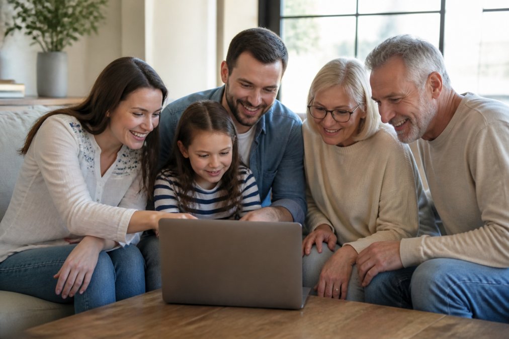 Family gathered around a laptop reviewing a custom blanket design with photos and text on the screen, smiling and pointing at personalization options in a bright home setting