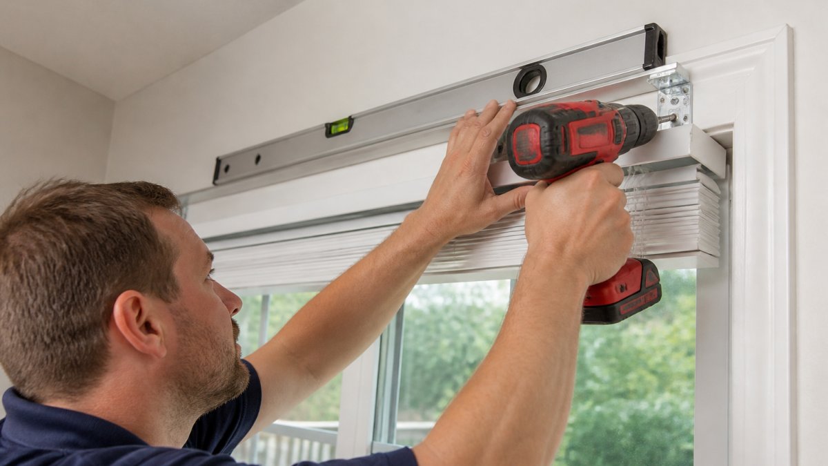 Professional installer carefully mounting a custom blind to a window frame using a power drill and level, with precision hardware visible and natural daylight illuminating the workspace