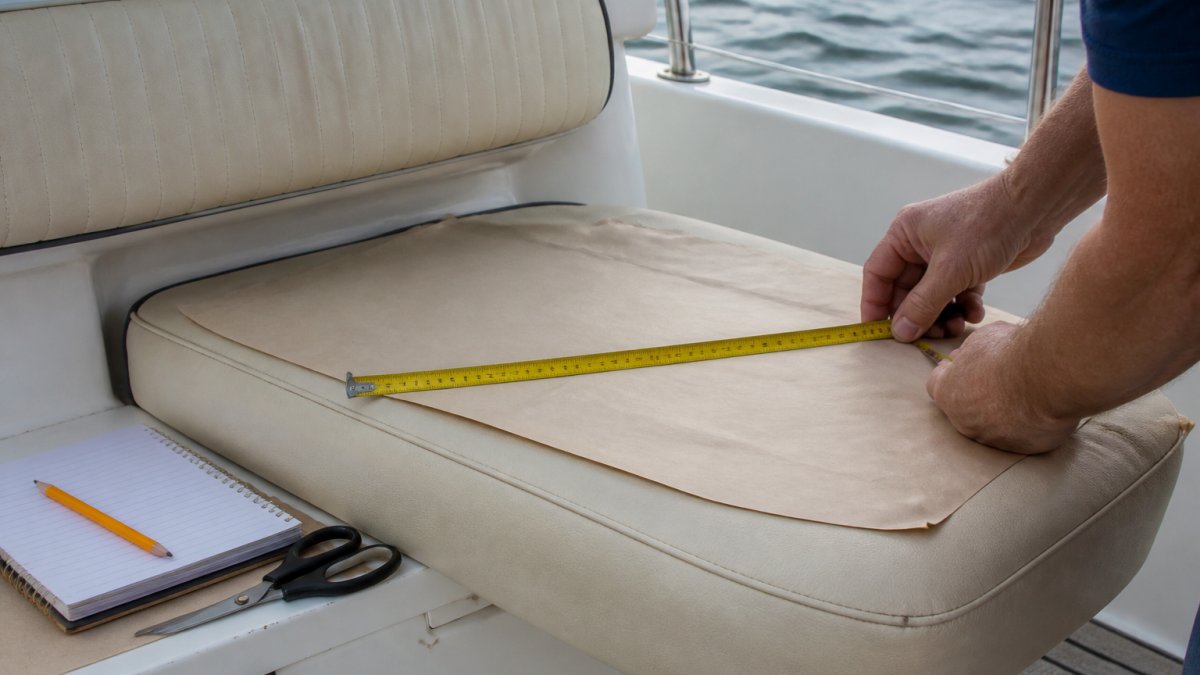 Close-up of hands using a flexible tape measure and paper template on a boat bench seat cushion, with a pencil and notepad nearby
