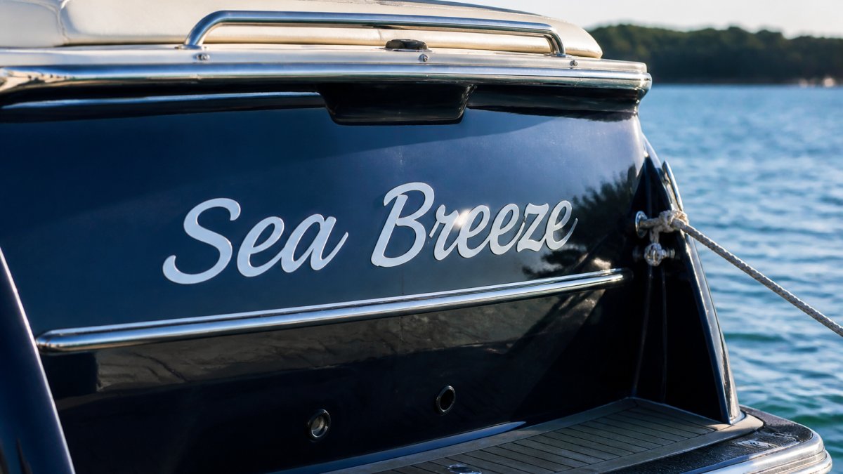 Gloss white custom boat name lettering applied to a navy blue hull with sunlight reflecting on the water