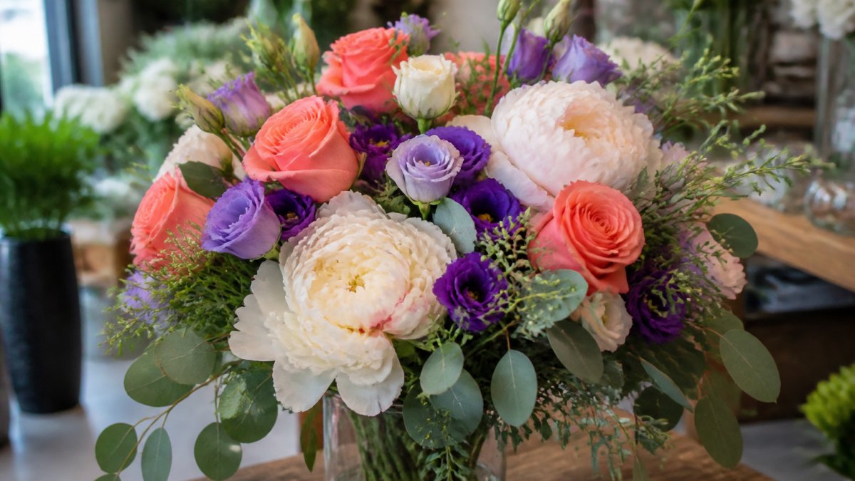 Close-up of a vibrant handcrafted birthday bouquet featuring coral roses, cream-colored peonies, and purple lisianthus arranged in a clear glass vase, showing layered floral composition with eucalyptus greenery and natural lighting