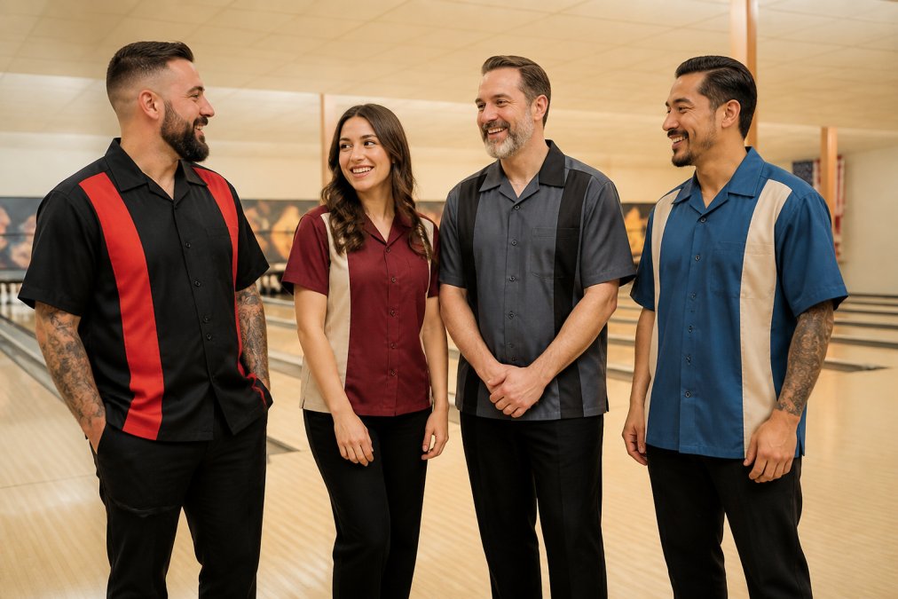 A group of people wearing assorted Steady Clothing bowling shirts in different color combinations, black with red panels, charcoal with black panels, burgundy with stone panels, denim with cream panels, standing together casually in a well-lit indoor setting
