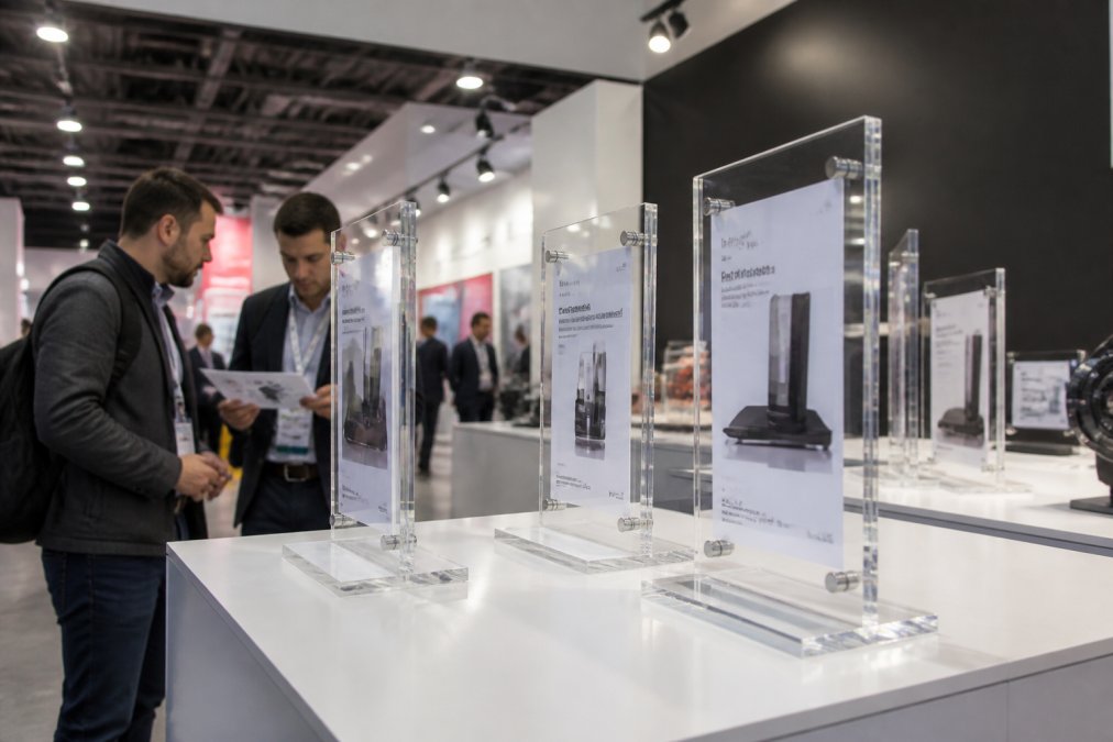 Professional trade show booth featuring custom branded acrylic stand displays with company logos and product information, attendees examining clear acrylic signage in background, professional lighting highlighting the glass-like finish