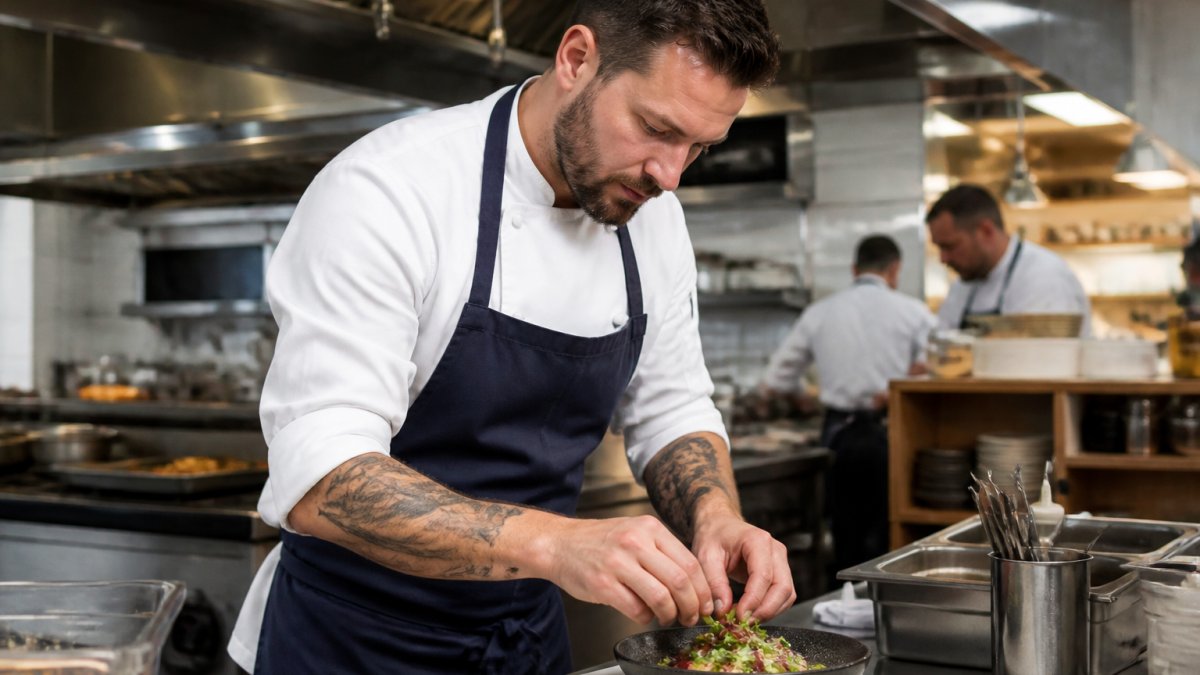 Professional chef wearing a branded custom chef's shirt and apron while preparing food in a busy open kitchen with stainless steel equipment and warm lighting